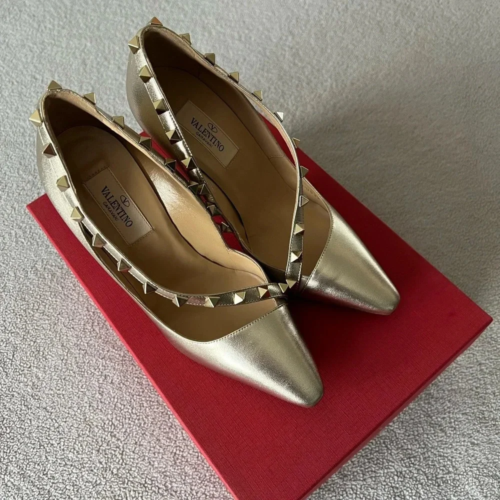 Valentino Women’s Rockstud D’Orsay Cross Strap Gold Metallic High Heels 35.5 New